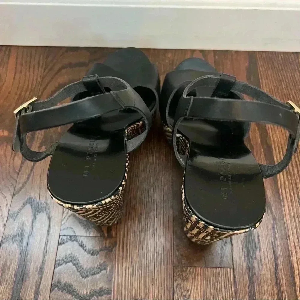 MI PIACI Heeled Sandals Peep Toe Women Size 38 US 7 Black Leather Made In Italy